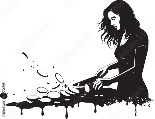 Elegant silhouette of a woman slicing radishes with artistic ink