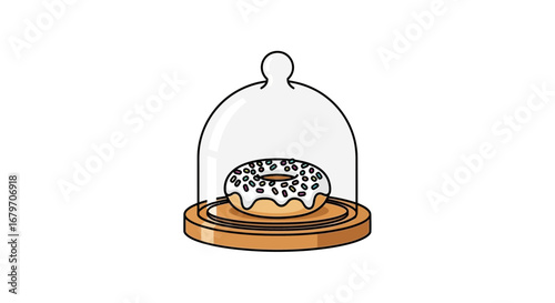 Delicious Glazed Donut Under Glass Dome Simple Outline Digital Illustration Dessert