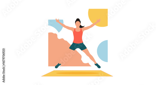 Dynamic Fitness Illustration Featuring Jumping Athlete Within Vibrant Geometric Composition