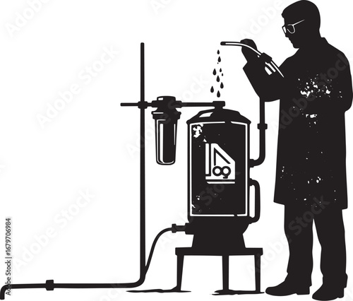 Silhouette of a scientist analyzing liquid samples in a laborato