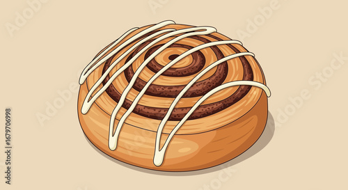 Delicious Hand-Drawn Cinnamon Roll Dessert Pastry with Sweet Icing on a Beige Background