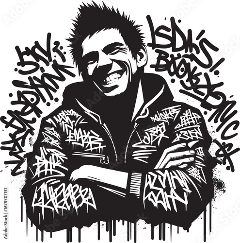 Artistic Black and White Graffiti Portrait of a Smiling Man with Edgy Jacket