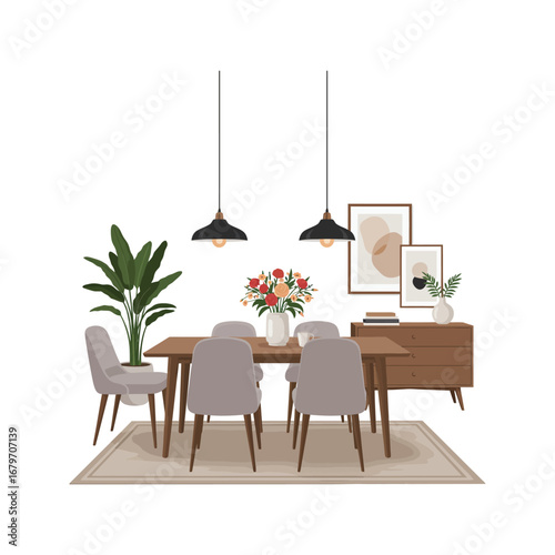 Modern dining room interior with wooden table and stylish chairs