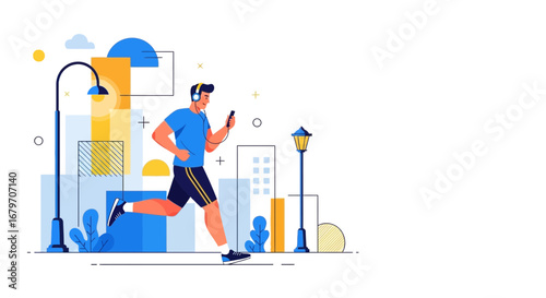 Dynamic Illustration of a Runner Enjoying Music During Urban Exercise, Modern Vector Art