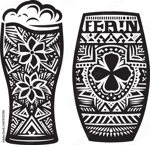 Decorative Black and White Beer Glass and Barrel Illustration, Perfect for Pub Designs