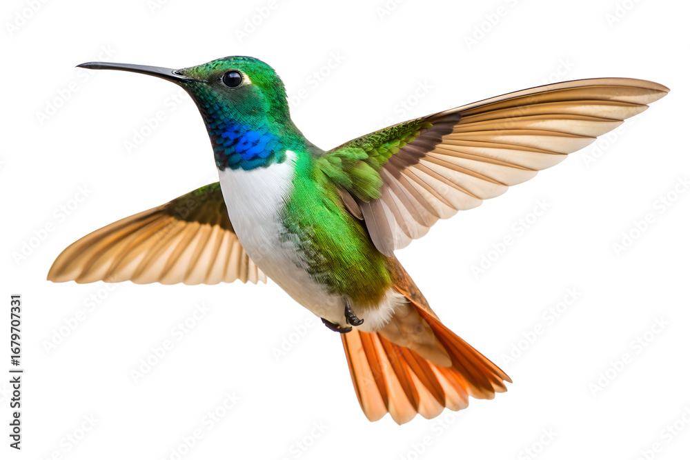 Obraz premium Colorful hummingbird in flight with vibrant plumage, isolated on a transparent background, showcasing detailed feathers and beauty