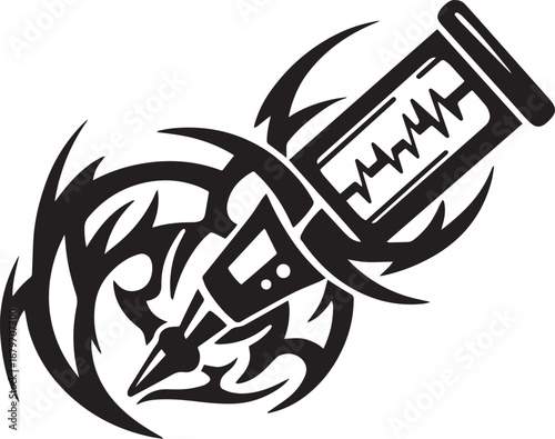 Striking tattoo graphic featuring a syringe with tribal design f