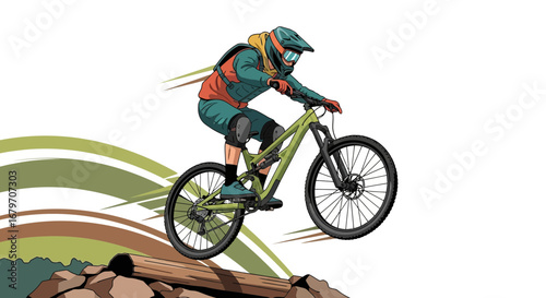 Dynamic Mountain Biker Displaying Athletic Prowess In A Vibrant And Energetic Illustration