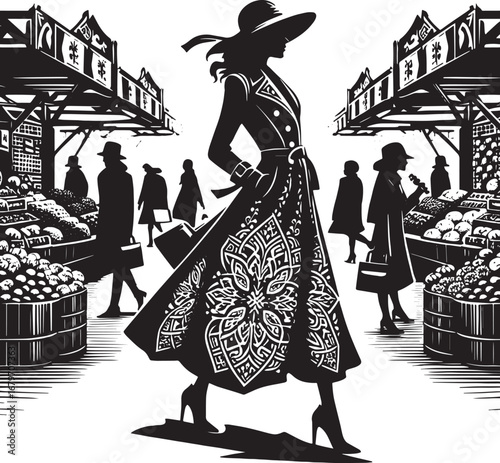 Elegant woman in a fashionable coat walking through a bustling outdoor market setting