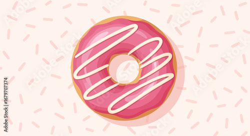 Delicious pink glazed donut with white icing and sprinkles on a pastel pink background