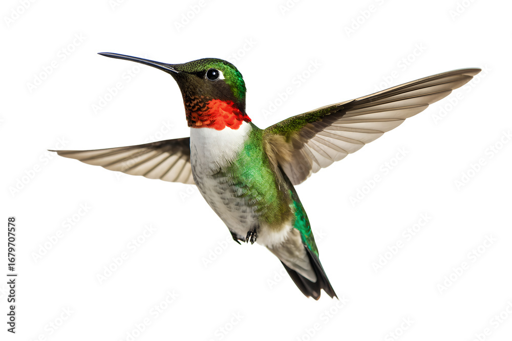Fototapeta premium A vibrant male Ruby-throated Hummingbird with an iridescent red gorget and green feathers, captured in mid-flight while hovering isolated on a white background