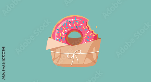 Delicious Sprinkled Donut In A Paper Bag On A Turquoise Background Illustration