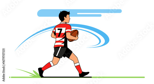 Dynamic Rugby Player Sprinting Forward On A Field With The Oval Ball In Hand