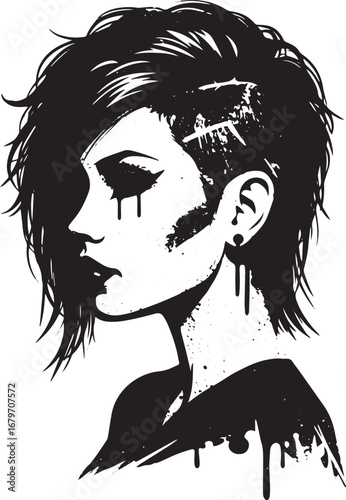 Monochromatic illustration of a stylized woman with a shaved hai