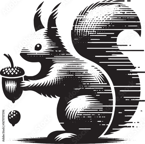 Detailed Black and White Illustration of a Squirrel Holding an Acorn in Graphic Style