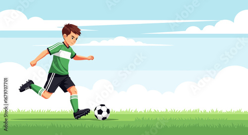 Dynamic Soccer Player Kicking With Force on a Lush Green Field Under a Blue Sky