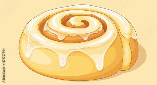 Delicious, frosted cinnamon roll isolated on a light yellow background
