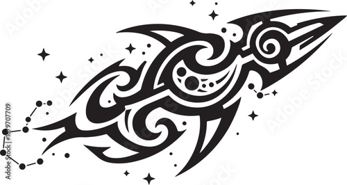 Stylized rocket ship design with tribal patterns for cosmic expl