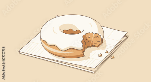 Deliciously Bitten Donut Resting Comfortably on Stacked of Paper With Creamy Glaze