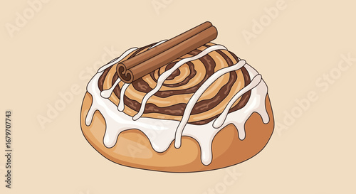 Delicious, freshly baked cinnamon roll with icing and cinnamon sticks illustration
