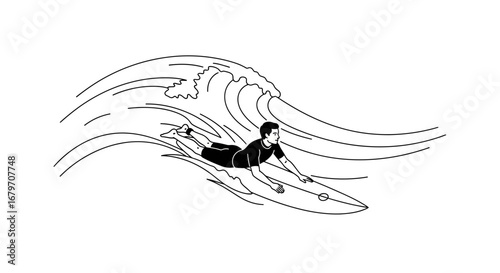 Dynamic Surf Illustration Captures Surfer's Skillful Ride on a Powerful Wave