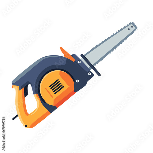 Illustration of an Electric Saw Tool with Orange Handle and Silver Blade for Carpentry Work