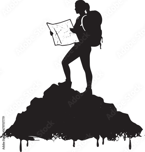 Silhouette of a backpacker woman studying a map at a mountain pe