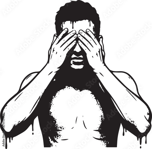 Black and white artistic expression of despairing man covering h