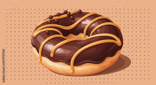 Deliciously Decorated Donut on a Soft Patterned Background Featuring Chocolate and Caramel