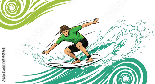 Dynamic Surfer Gliding On Water: An Artistic Depiction of Waves and Athleticism