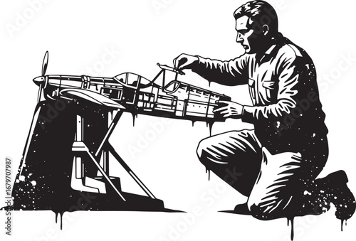 Monochrome illustration showcasing a model airplane construction