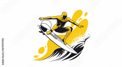 Dynamic Surfer Performing Aerial Maneuver with Vibrant Geometric Artwork