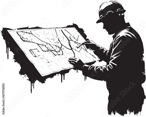 Monochrome illustration of engineer reviewing architectural plan