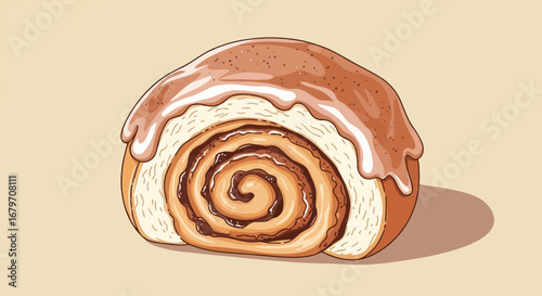 Deliciously Illustrated Cinnamon Roll with Chocolate Filling and Sweet Icing Presentation