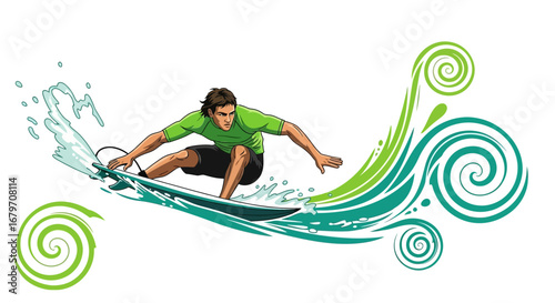 Dynamic Surfer Riding Wave with Energetic Visuals and Vibrant Illustration