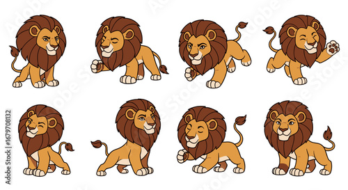 Cartoon lions in various poses. Cute wildlife, safari animals, mascots, playful, childish