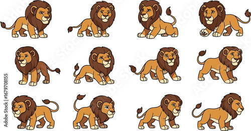 Cartoon lions in various poses isolated. Cute animals, mammal, wildlife, safari, wild, nature, illustration, drawing, vector, mascot