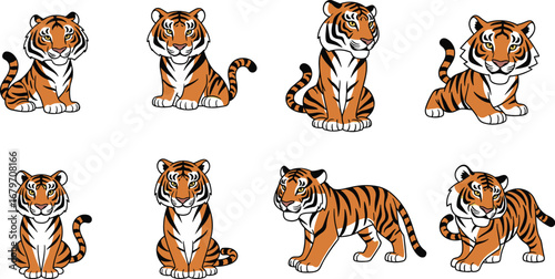 Cartoon tigers are sitting, walking and smiling. Wildlife, cute, feline, jungle, mammal, zoo, playful, graphic, illustration, animal.