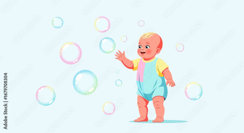 Fototapeta premium Delighted Baby Playing with Soap Bubbles: A Whimsical Illustration