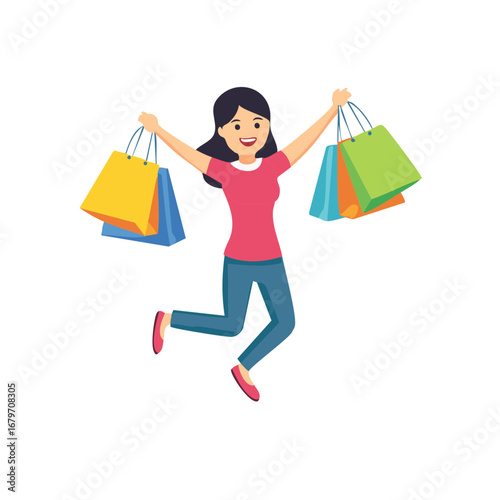 Joyful woman jumping with colorful shopping bags celebrating retail success and happiness