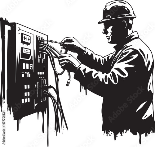 Electrical engineer connecting wires in distribution box, safety