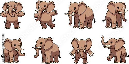 Animated elephant cartoons in various poses. Vector illustration, animal character, cute, mammal, wildlife, safari, playful, nature, design