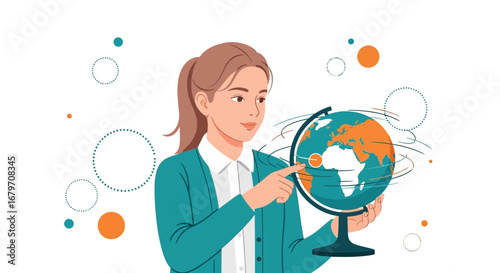 Educated Woman Observing And Orienting An Earth Globe With Her Index Finger