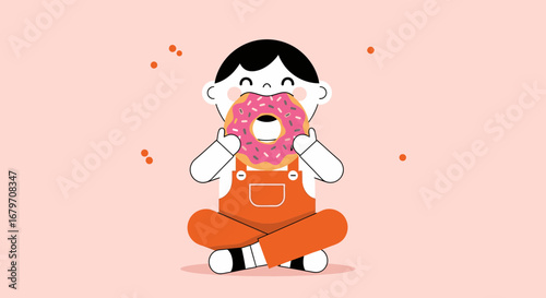 Delighted Child Enjoying A Delicious Pink Donut In A Playful And Colorful Illustration