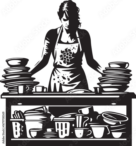 A woman organizing clean dishes in a kitchen, black and white vector illustration