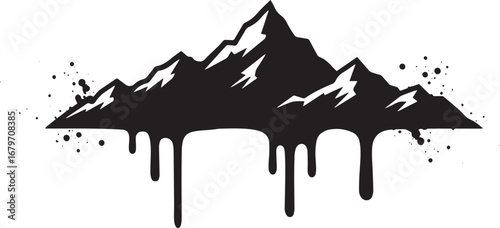 Monochrome mountain peak silhouette with dripping paint effect c