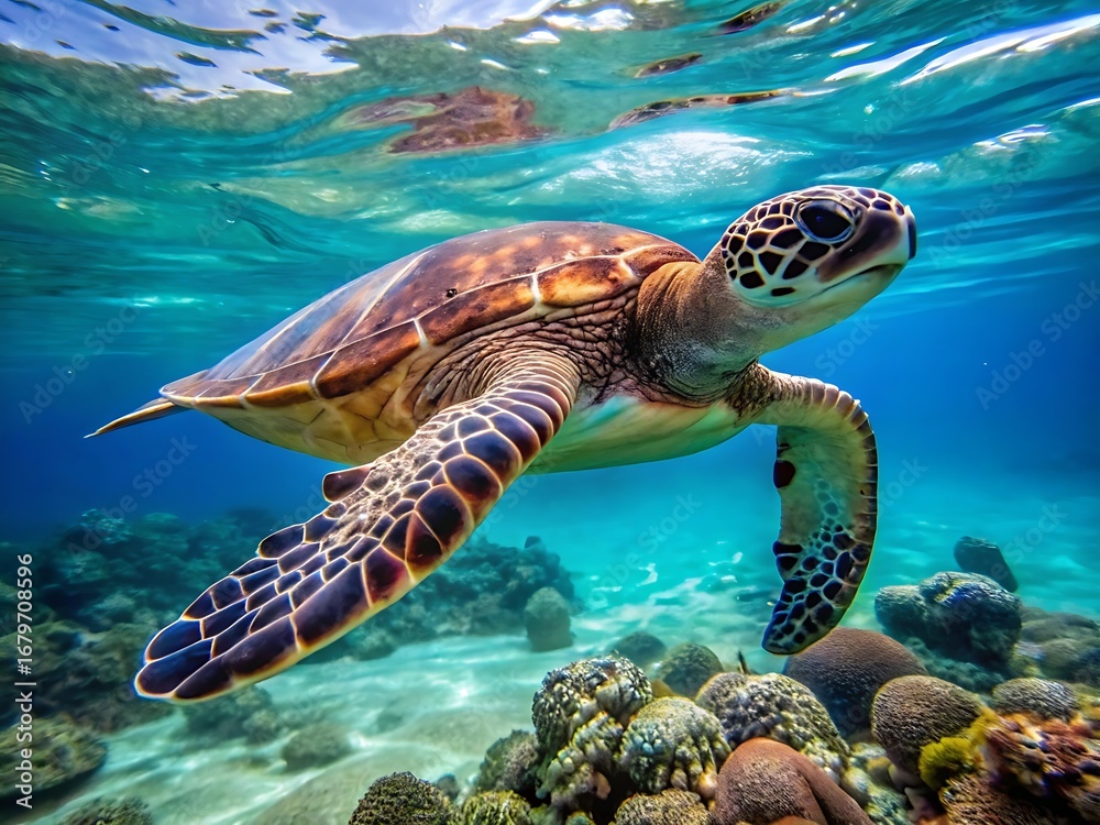 Fototapeta premium sea turtle swimming in water isolated on white background JPG, AI GENERATED