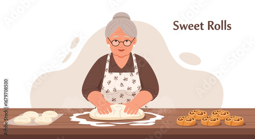 Elderly Baker Crafting Homemade Pastries: Baking Time, Creating Delicious Sweet Rolls