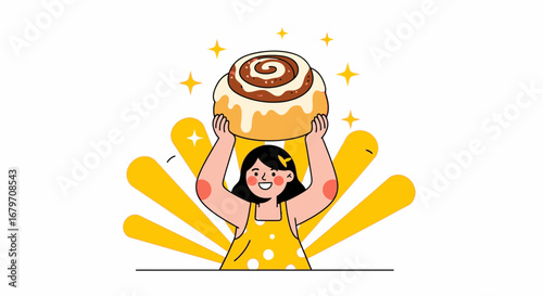 Delighted Girl Exulting With Big Cinnamon Roll Depicting Joy and Sweetness