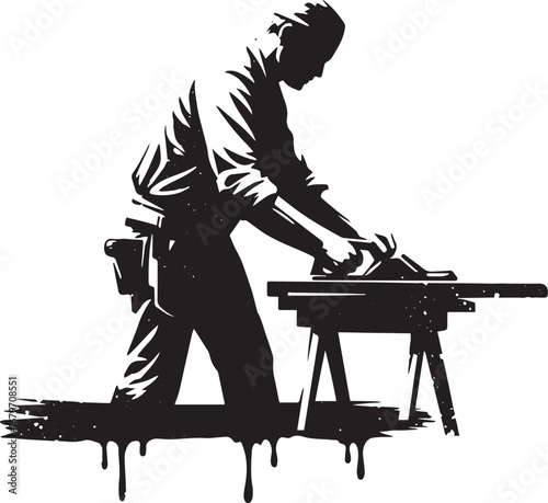Carpenter craftsman silhouette using hand plane with dripping pa